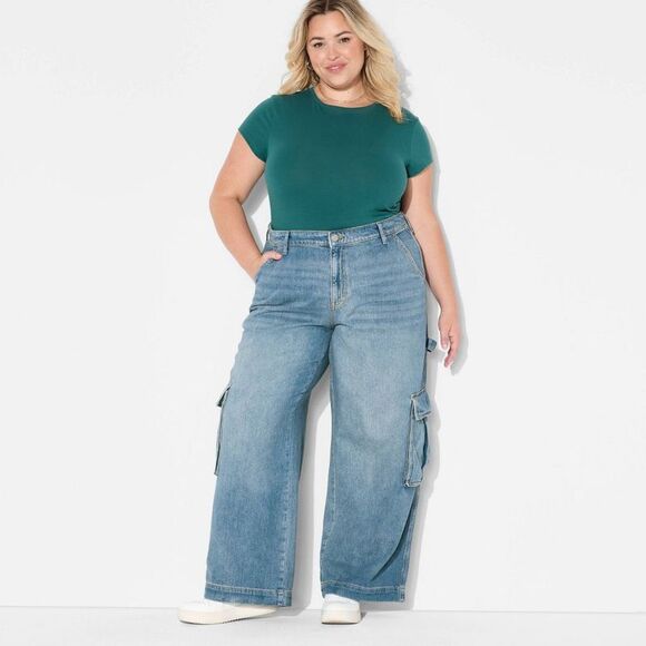 Wild Fable Pants - Open Box - Wild Fable - Women's Mid-Rise Wide Leg Cargo Jeans - Wild Fable Blue